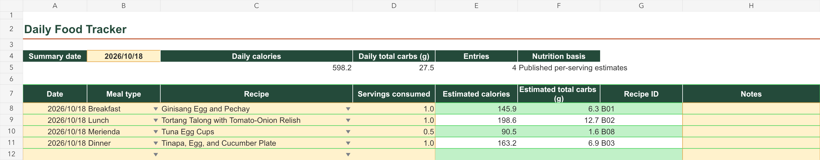 Authentic Smart Recipe Calculator Daily Food Tracker showing Filipino meals, portions, estimated calories, and total carbohydrates