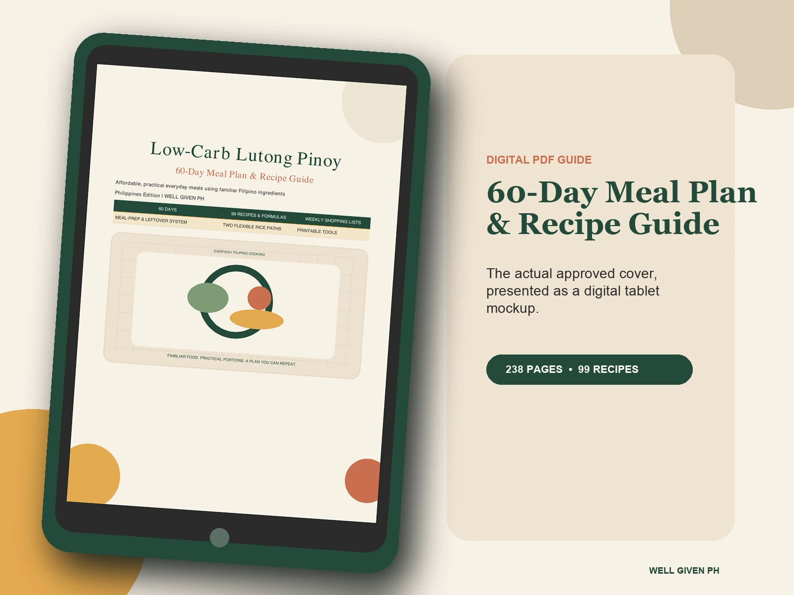 Low-Carb Lutong Pinoy approved cover displayed on a digital tablet mockup