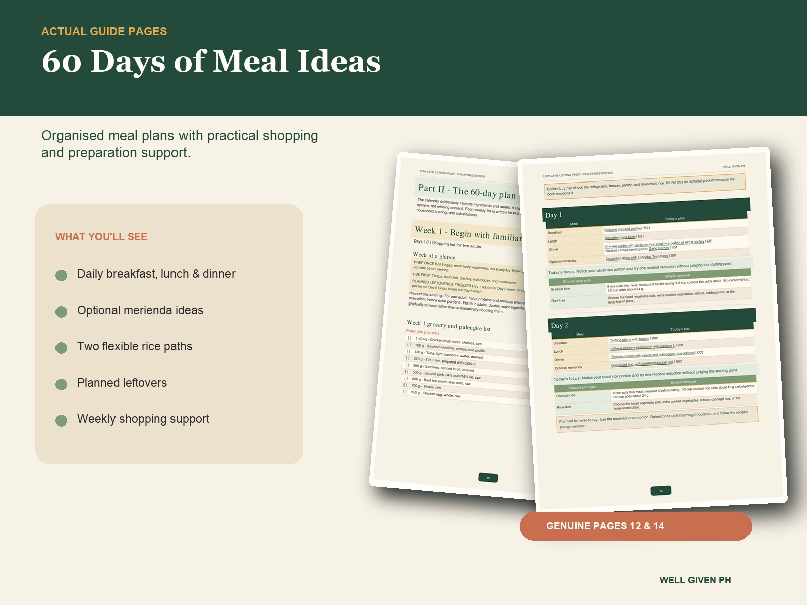 Genuine pages 12 and 14 showing the weekly plan and Day 1 and Day 2 meal tables