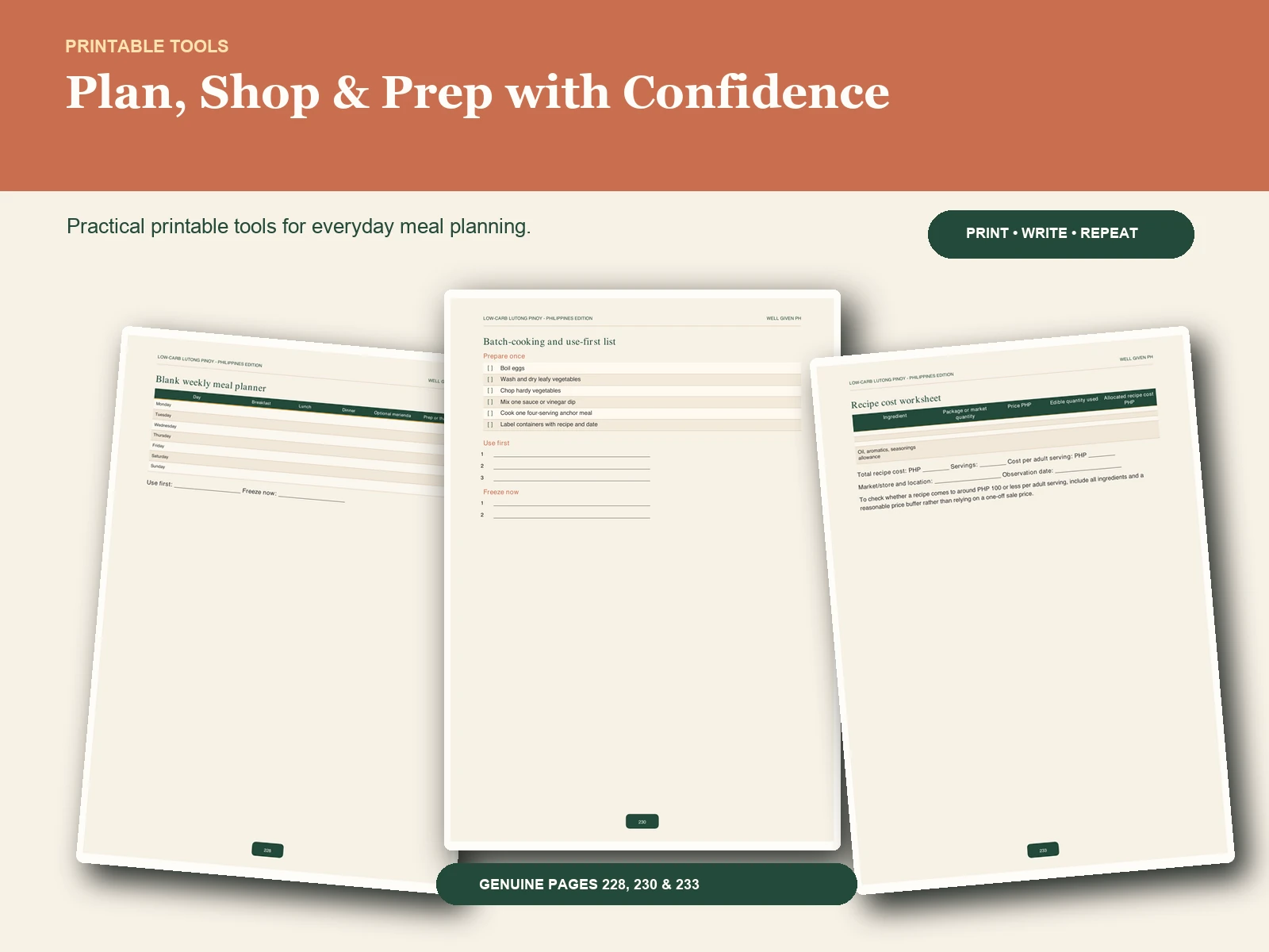 Genuine printable pages 228, 230, and 233 showing the weekly planner, batch-cooking list, and recipe cost worksheet