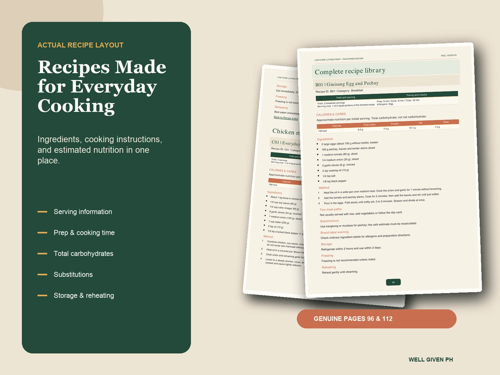 Genuine recipe pages 96 and 112 showing ingredients, method, servings, timing, and estimated nutrition